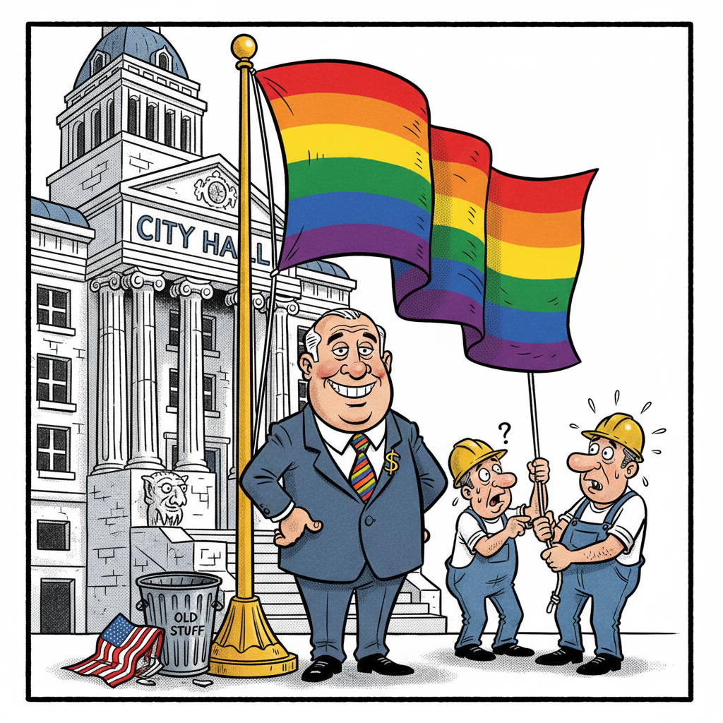CITY HALL FLIES ITS TRUE COLORS, AND IT AIN'T RED, WHITE, & BLUE