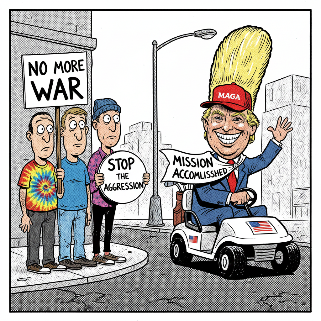 LOCAL 'PEACE' PROTESTORS STILL WAITING FOR MEMO: TRUMP HAS ALREADY STOPPED GLOBAL WARS!