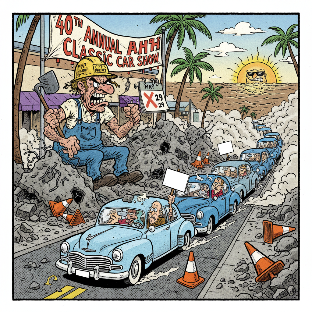 ROAD CONSTRUCTION AT CAR SHOW: IS THIS WHAT THEY CALL 'INFRASTRUCTURE' NOW?